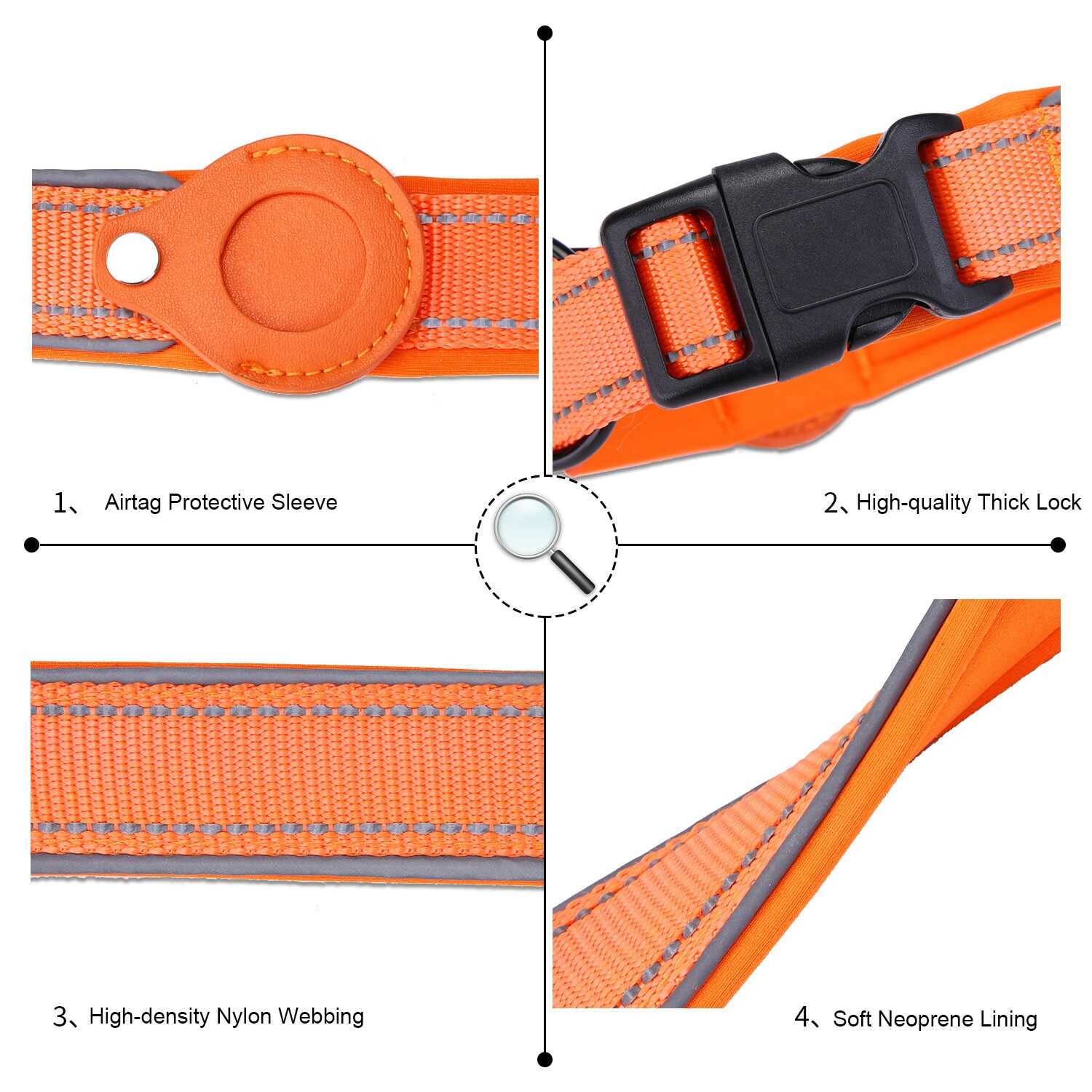 The premium quality materials of the Orange Airtag Collar - Pawtopia